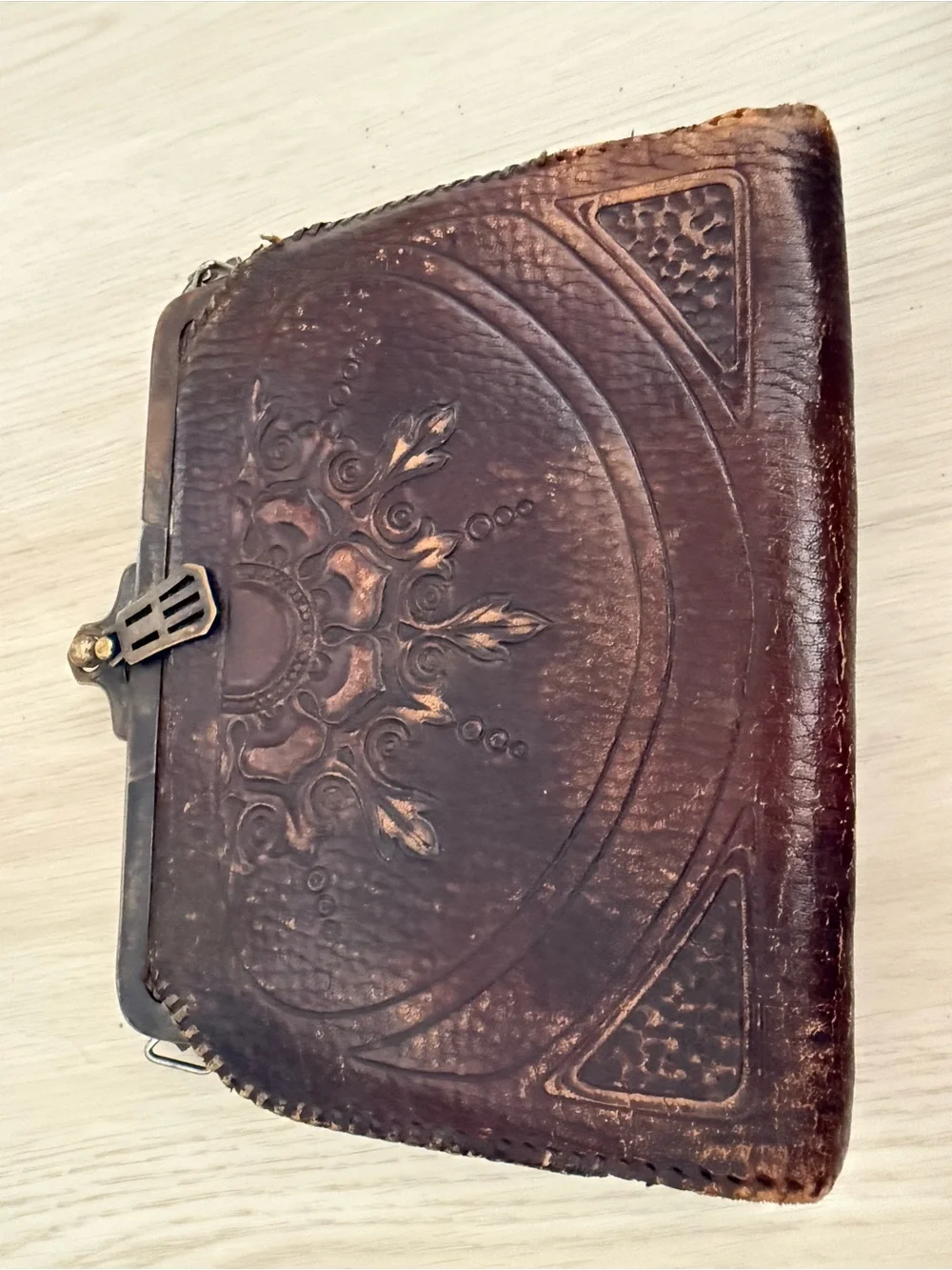 Hand-Tooled Brown Leather Embossed Clutch